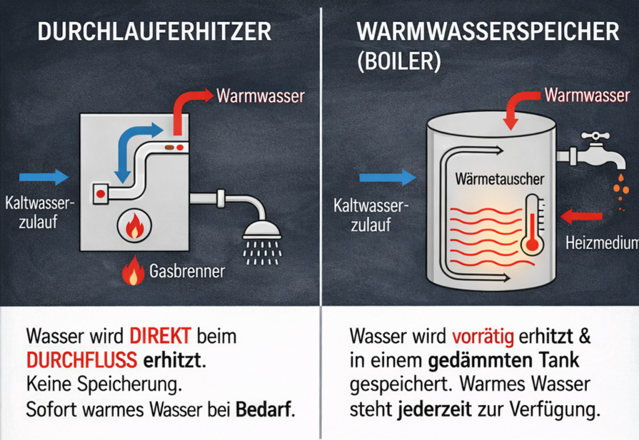 Vergleich zwischen Durchlauferhitzer und Boiler, der die Unterschiede in der Funktionsweise zeigt.